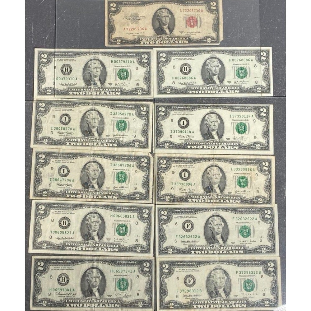 Lot (11) 1953 to 2003 $2 Dollar Bills | Vintage Notes Jefferson Currency - circ